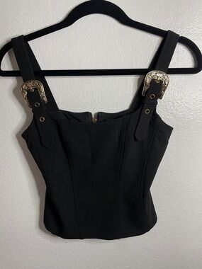Lulus Black Square Neck Top with Gold Buckle Straps - S | Chic, Minimalist